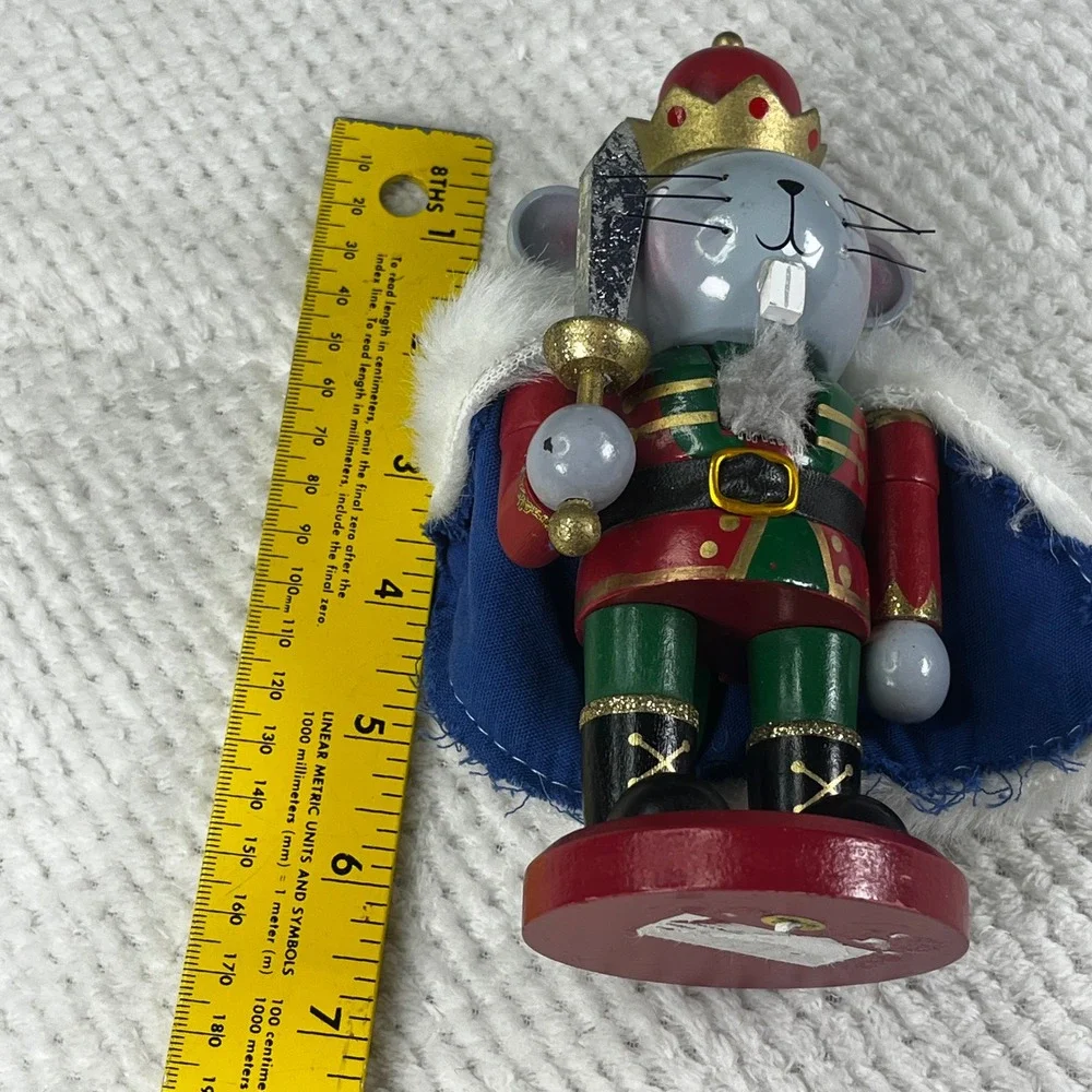 Wooden King Mouse Nutcracker Christmas Holiday Decor Crown‎ Sword Cape Red Base